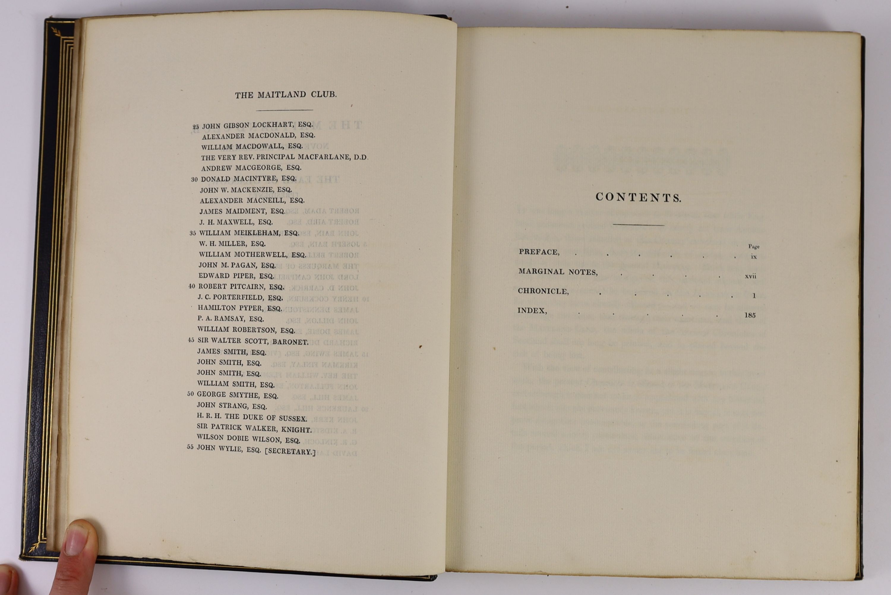 (Scotland) - A Chronicle of the Kings of Scotland,from Fergus the First, to James the Sixth.... engraved title device; later gilt and blind ruled black morocco, gilt panelled spine, gilt ruled turn ins and maroon leather